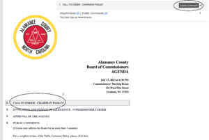 Image showing where to click on commissioner meeting agenda to submit a comment