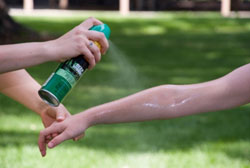Image of spraying bug spray onto arm