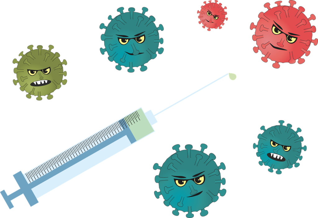 Different color germs surrounding a syringe