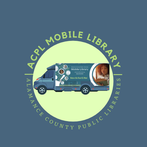 Logo for Mobile Library. Blue background; green circle, with photo of mobile library in center