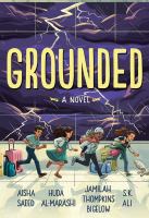 Cover of Grounded. Four Muslim tweens running through airport, can see lightning bolts in windows behind them.
