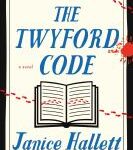 Cover of The Twyford Code. Cream cover, blue writing, book in center. Red footprints trail over the book and the upper right corner of the book.