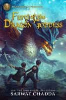 Cover of Fury of the Dragon Goddess. Two kids at bottom of cover, with frightening dragon coming toward them, looming over them.