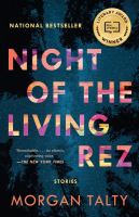 Cover of Night of the Living Rez. Background is night sky, words are printed with a multicolor fill. There are dark trees behind the words around the edges of the book.