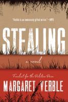 Cover of Stealing. Three colors, like a sunset; top is beige, middle is orange, bottom is red. There is grass at the bottom of each level, printed in black.