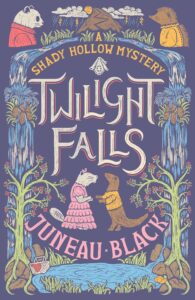 Cover of Twilight Falls. In the center are two creatures, almost holding hands. Above are a panda and a porcupine, and a mountain, and below is a pond.