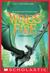 Cover of Wings of Fire Book 6 Moon Rising. Green dragon looking up at sky while flying, background is green-tinted and shows rock formations inside a cave, with an opening at the top.