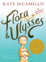 Cover of Flora and Ulysses. Flora looks determinedly toward you, cover is a white-to-turquoise gradient.