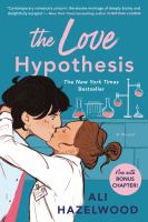 Cover of Love Hypothesis. Two scientists kissing with beakers and chemistry items on counter in background.