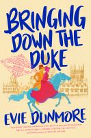 Cover of Bringing Down the Duke. Woman and man on a horse in the foreground; Oxford buildings in the background; stamp that says A League of Extraordinary Women, which is the series this book begins. 