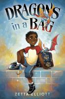 Cover of Dragons in a Bag. Young black child with his arm around a small dragon.