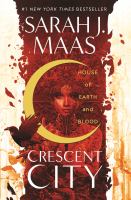 Cover of House of Earth and Blood. Young woman, behind a crescent moon and a bird, cover in reds and yellows.