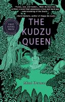 Cover of The Kudzu Queen. Black background, graphics in green, young woman sitting in forest, surrounded by trees and plants.