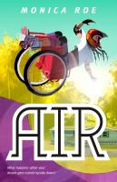 Cover of Air. Young woman in a wheelchair flying through the air, doing a trick on a skateboard ramp.