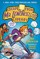 Cover of Escape from Mr. Lemoncello's Library. There are cartoon-style drawings of a boy and a girl, running across a comic strip, with dice beside them.