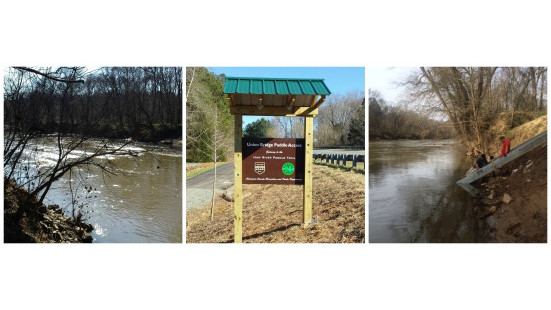 photo collage with Union Bridge Paddle Access kiosk sign, a view of the Haw River from the access, and a photo of staff installing the stairs at the access