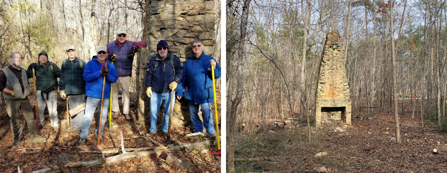 Two Photos related tot he opening of the Pioneer Trail at Cane Creek Mountains Natural Area Park. Left Photo: trail builders; Right Photo: an old chimney on site