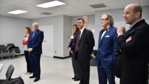 Health Director Stacie Saunders, Sheriff Terry Johnson, Stepping Up Project Coordinator Linda Allison--along with County Manager Bryan Hagood, Commissioner Bob Byrd and Cardinal Innovations Healthcare, Interim CEO Trey Sutten.